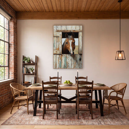 Curious Bay Horse Stable Door Western wall art in a rustic western-style room – bay horse with a white blaze looking