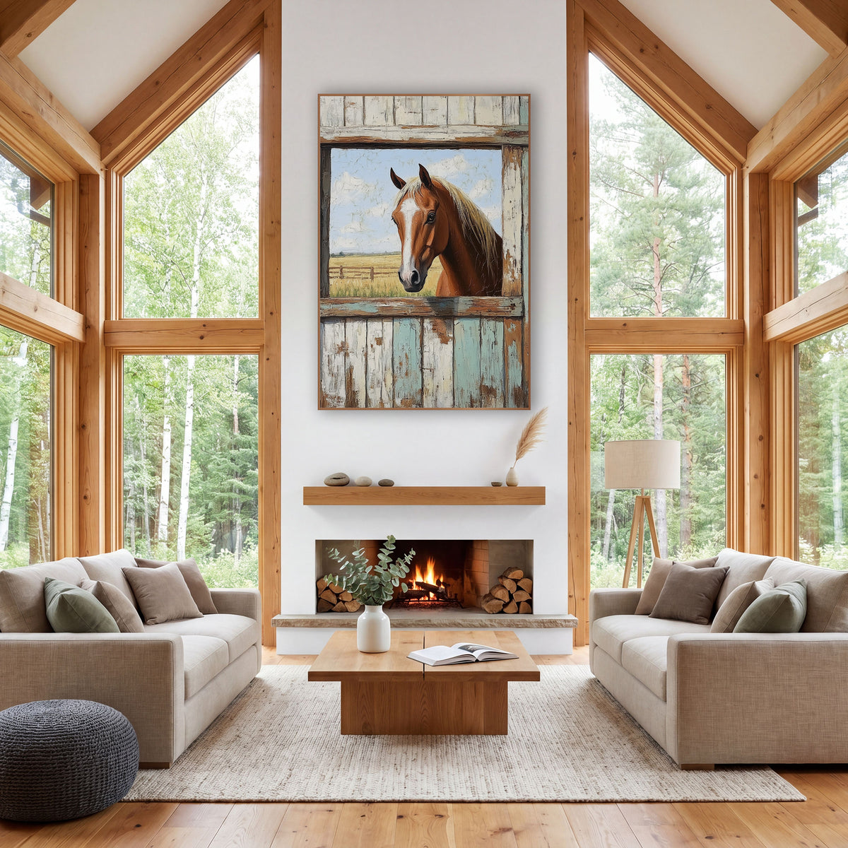Chestnut Horse Rustic Barn Window wall art in a rustic western-style room – chestnut horse with white blaze looking