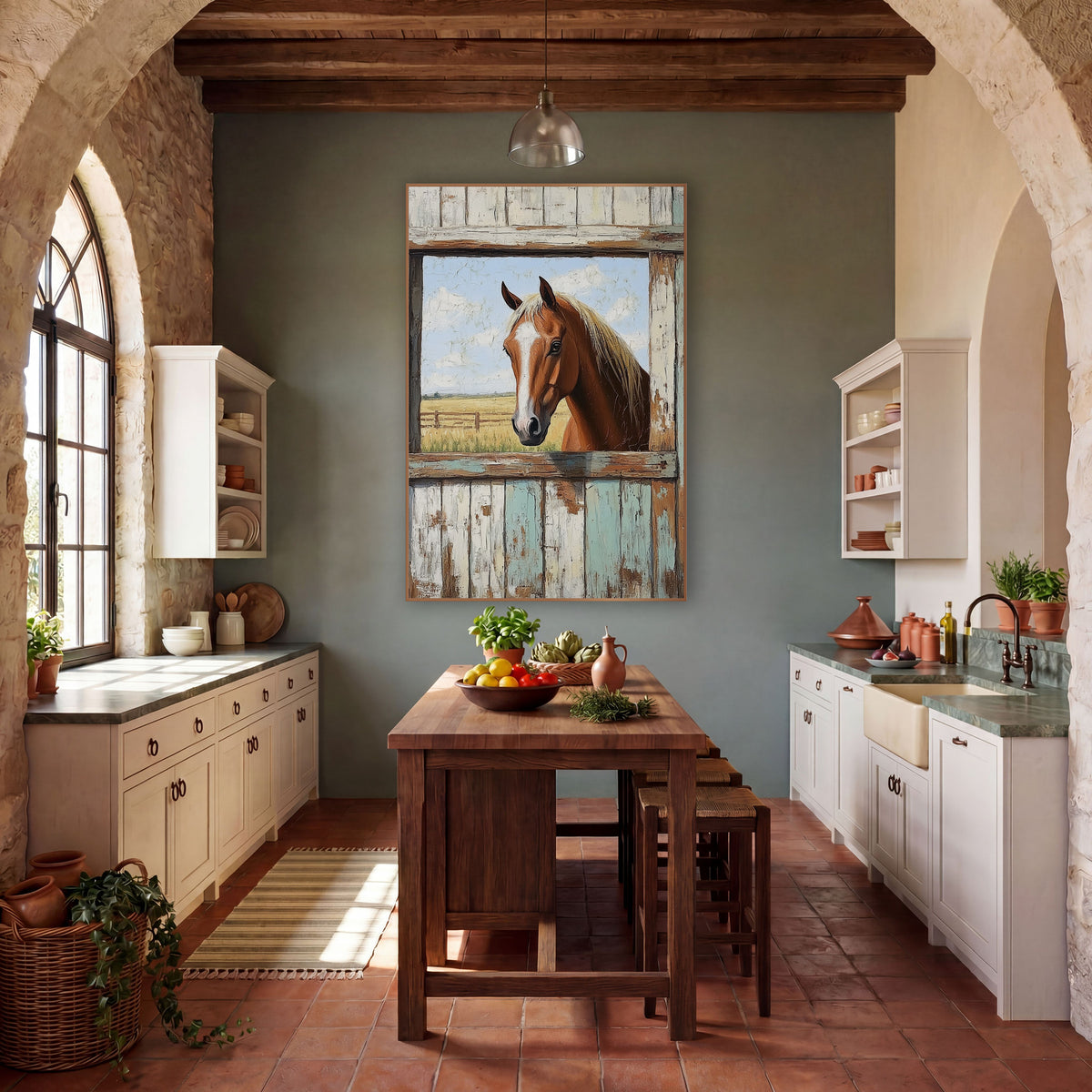 Chestnut Horse Rustic Barn Window wall art in a rustic western-style room – chestnut horse with white blaze looking