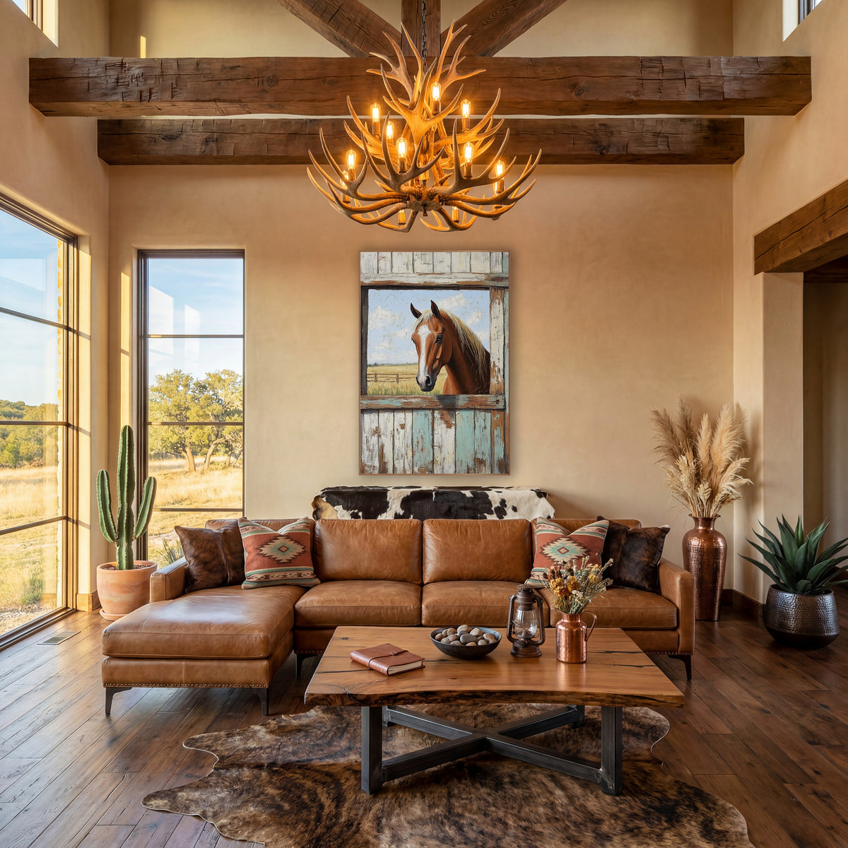 Chestnut Horse Rustic Barn Window wall art in a rustic western-style room – chestnut horse with white blaze looking