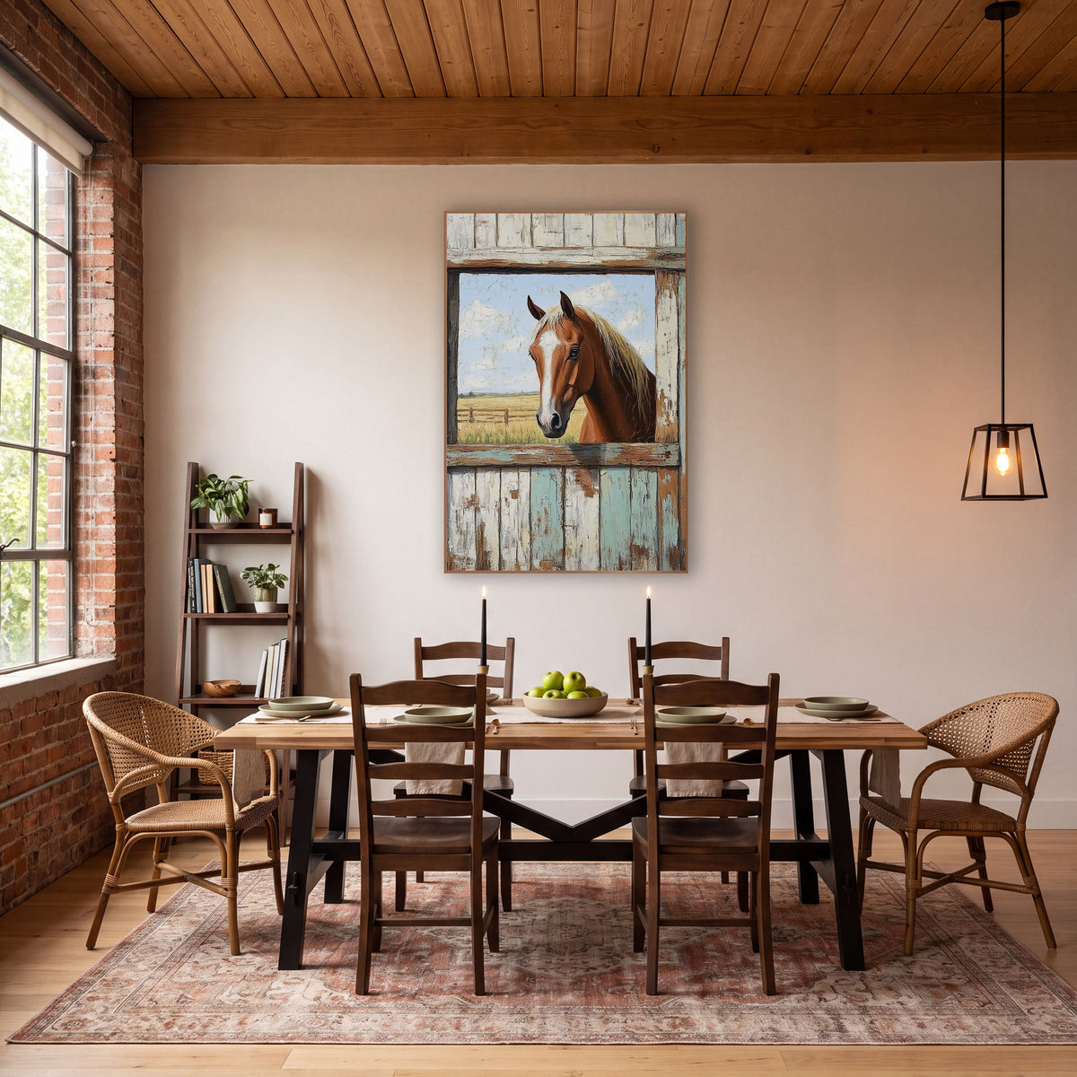 Chestnut Horse Rustic Barn Window wall art in a rustic western-style room – chestnut horse with white blaze looking