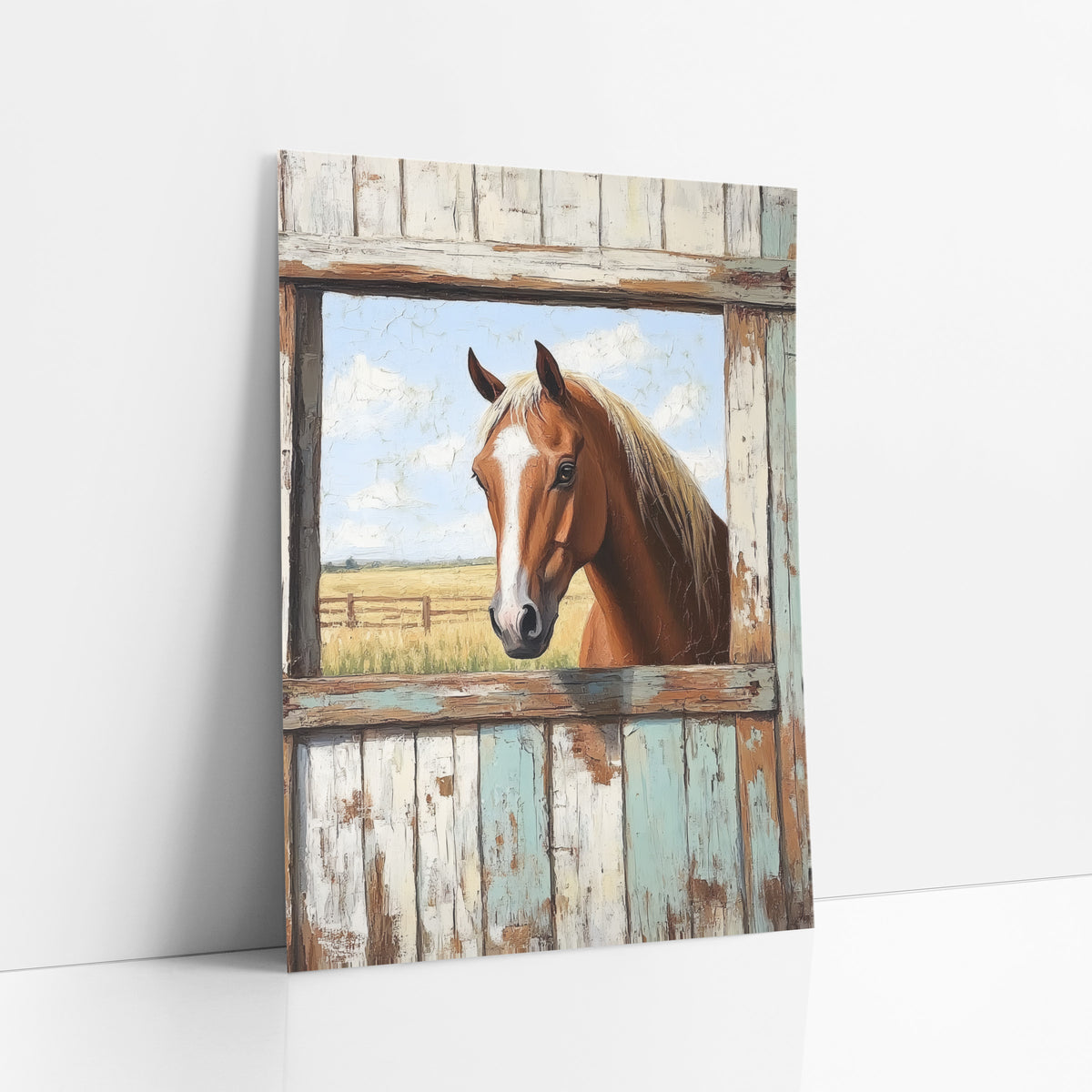 Chestnut Horse Rustic Barn Window art print leaning against a white wall – chestnut horse with white blaze looking through