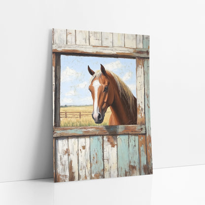 Chestnut Horse Rustic Barn Window art print leaning against a white wall – chestnut horse with white blaze looking through