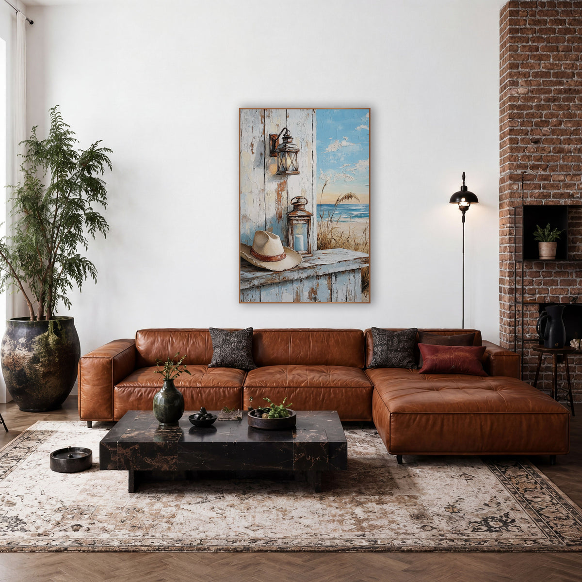 Weathered Porch Lantern Hat Coastal Western wall art in a rustic western-style room – cream cowboy hat and two