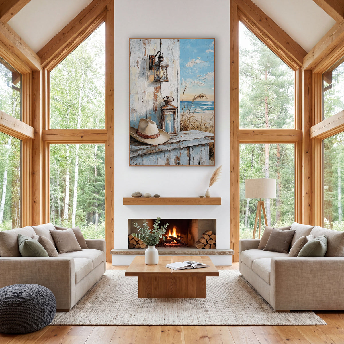 Weathered Porch Lantern Hat Coastal Western wall art in a rustic western-style room – cream cowboy hat and two
