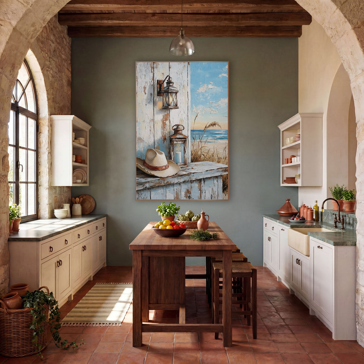 Weathered Porch Lantern Hat Coastal Western wall art in a rustic western-style room – cream cowboy hat and two