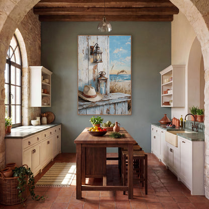 Weathered Porch Lantern Hat Coastal Western wall art in a rustic western-style room – cream cowboy hat and two