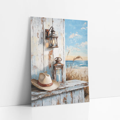 Weathered Porch Lantern Hat Coastal Western art print leaning against a white wall – cream cowboy hat and two lanterns