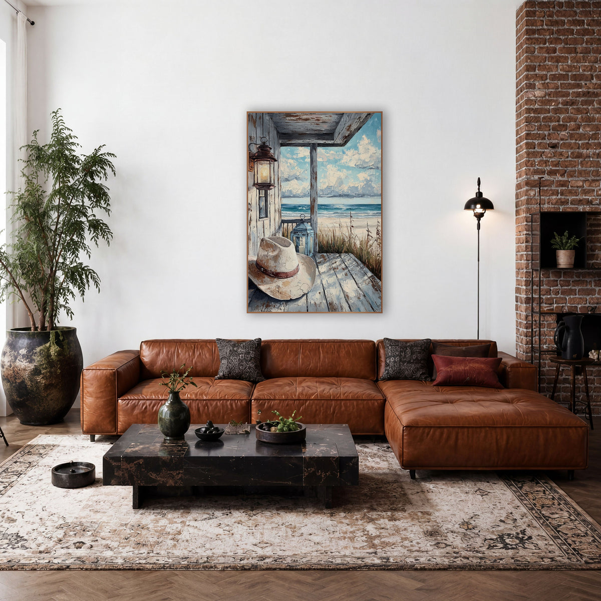 Coastal Porch Cowboy Hat Scene wall art in a rustic western-style room – cream cowboy hat on weathered white porch