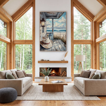 Coastal Porch Cowboy Hat Scene wall art in a rustic western-style room – cream cowboy hat on weathered white porch