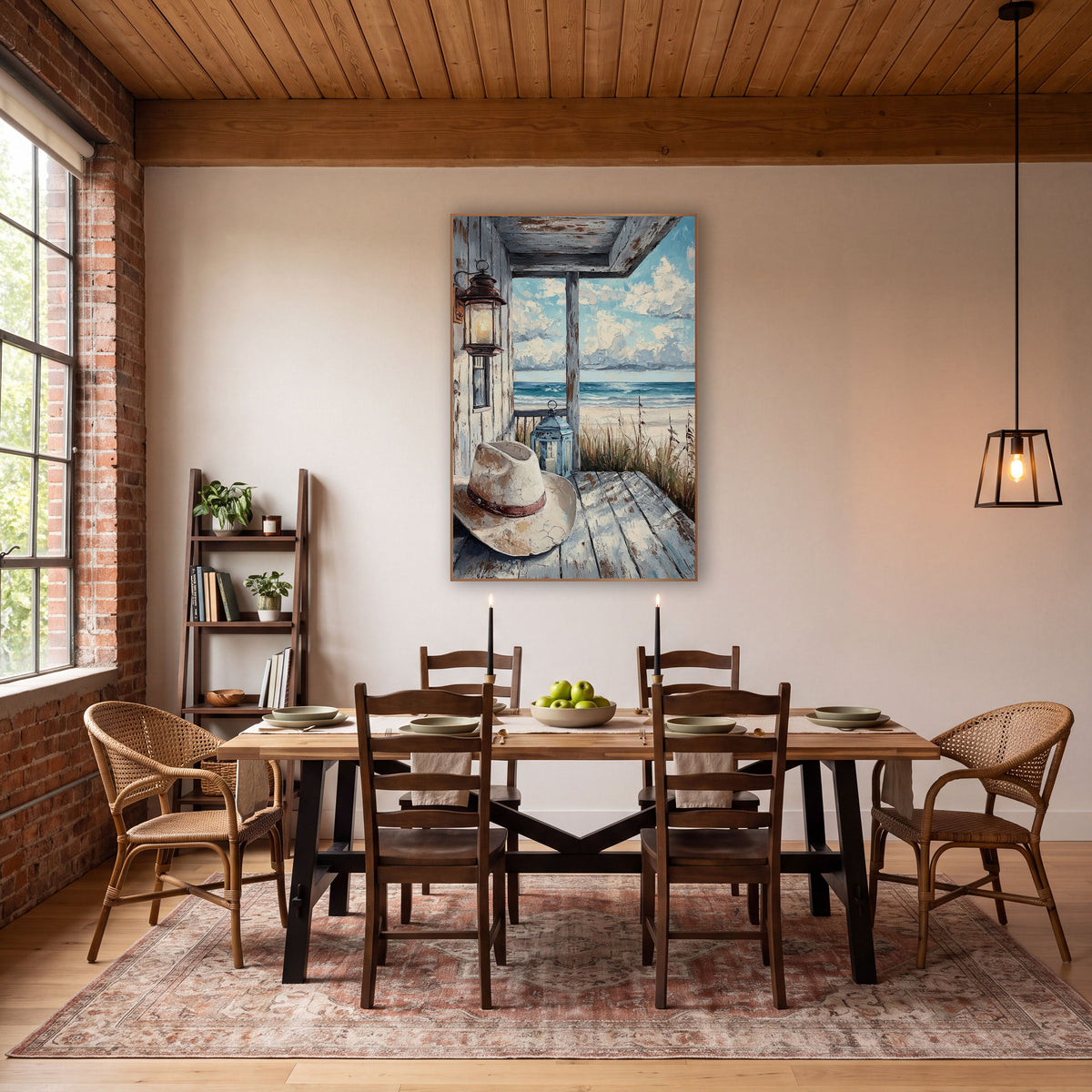 Coastal Porch Cowboy Hat Scene wall art in a rustic western-style room – cream cowboy hat on weathered white porch