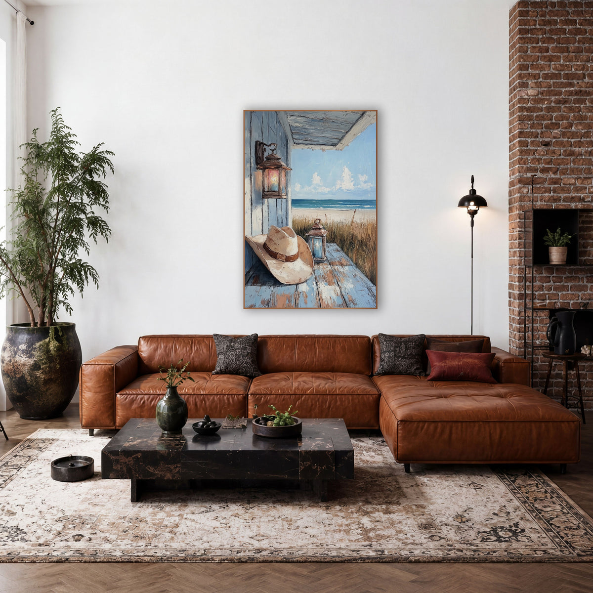 Coastal Porch Cowboy Hat Lantern Western wall art in a rustic western-style room – cream cowboy hat and two lanterns