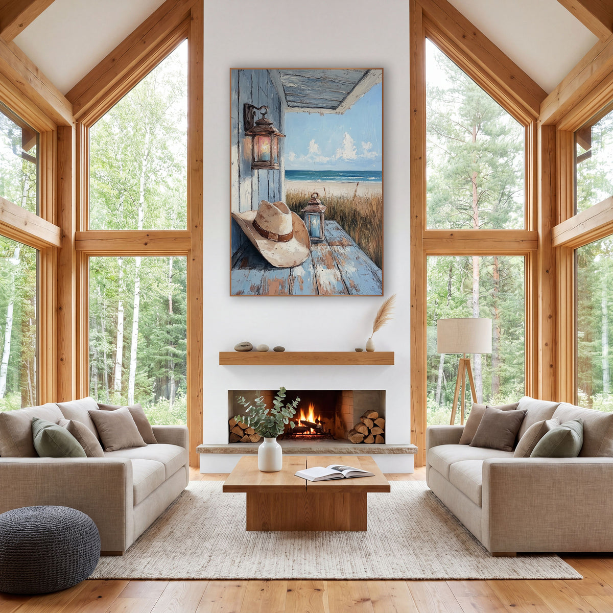 Coastal Porch Cowboy Hat Lantern Western wall art in a rustic western-style room – cream cowboy hat and two lanterns