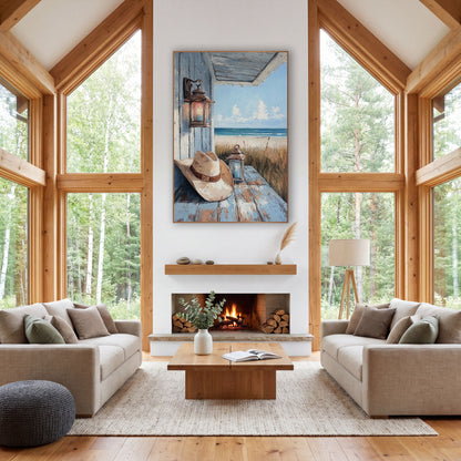 Coastal Porch Cowboy Hat Lantern Western wall art in a rustic western-style room – cream cowboy hat and two lanterns