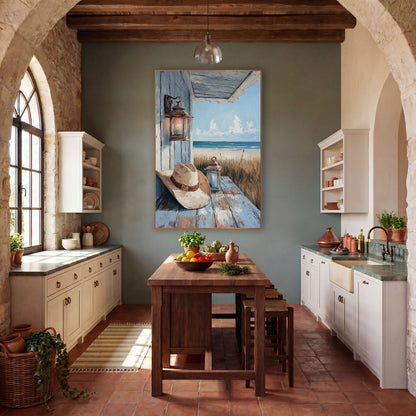 Coastal Porch Cowboy Hat Lantern Western wall art in a rustic western-style room – cream cowboy hat and two lanterns