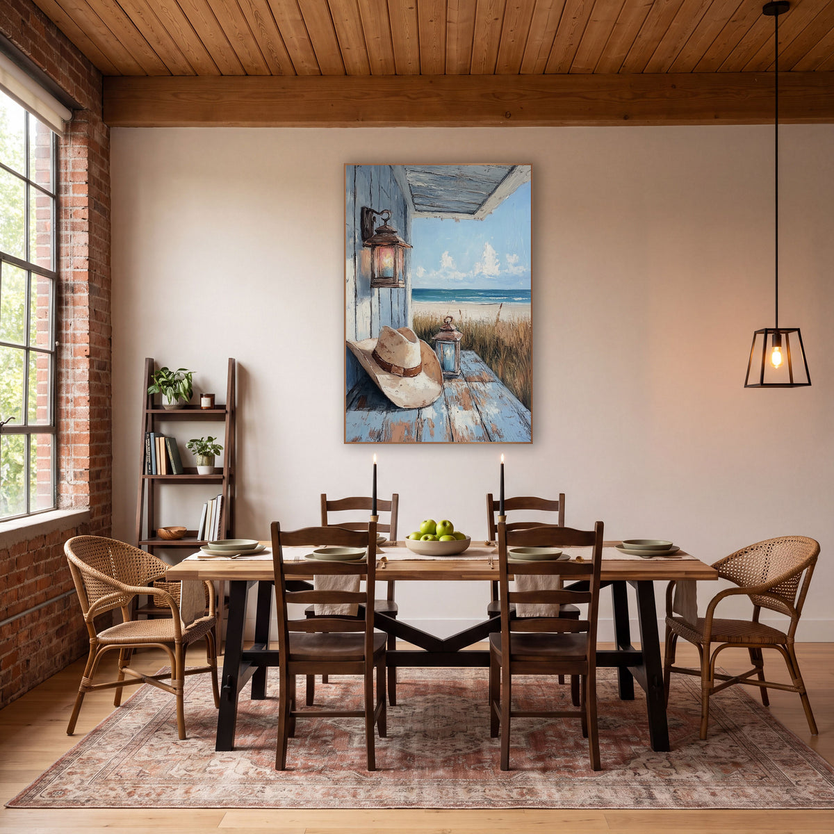 Coastal Porch Cowboy Hat Lantern Western wall art in a rustic western-style room – cream cowboy hat and two lanterns