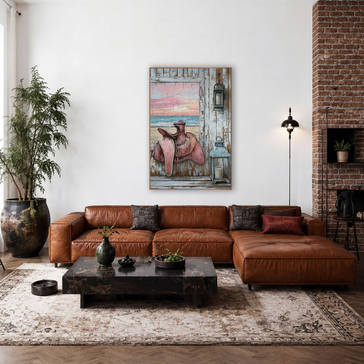 Pink Saddle Beach Porch Western wall art in a rustic western-style room – pink leather saddle and two lanterns