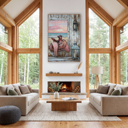 Pink Saddle Beach Porch Western wall art in a rustic western-style room – pink leather saddle and two lanterns