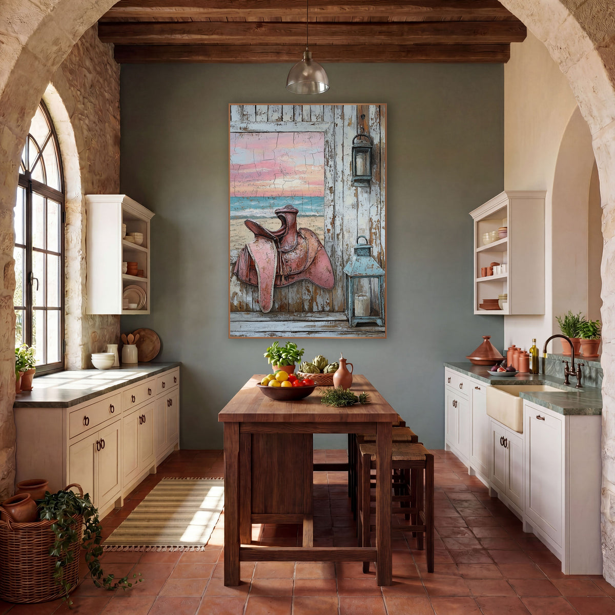 Pink Saddle Beach Porch Western wall art in a rustic western-style room – pink leather saddle and two lanterns