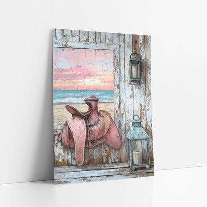 Pink Saddle Beach Porch Western art print leaning against a white wall – pink leather saddle and two lanterns on a weathered