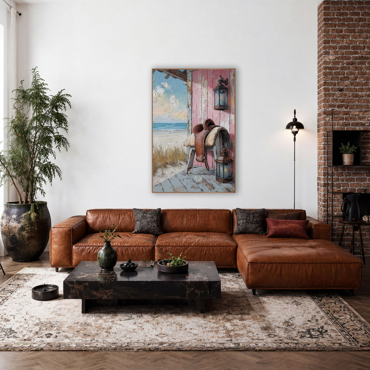 Pink Porch Saddle Seaside Western wall art in a rustic western-style room – brown leather saddle and two glass