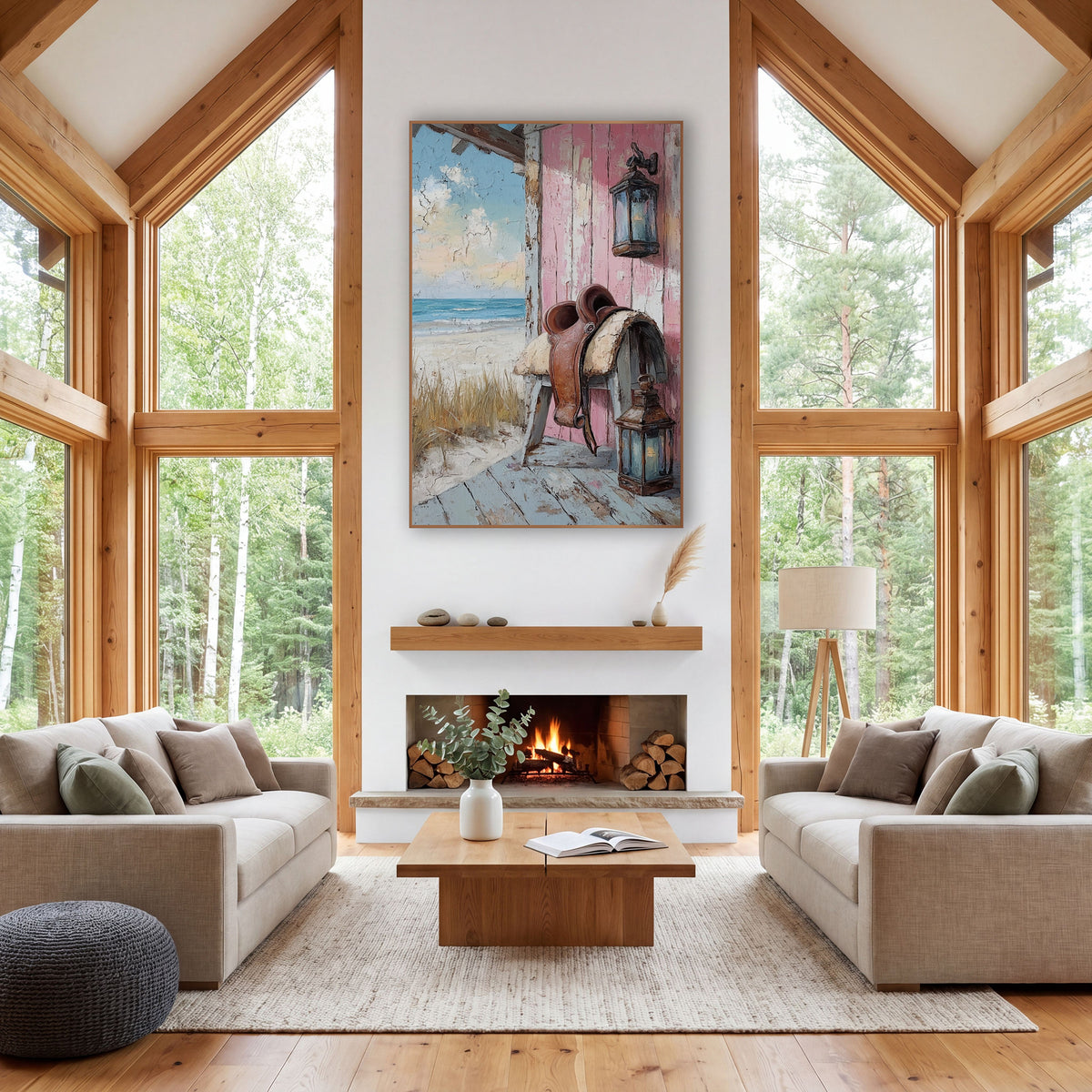 Pink Porch Saddle Seaside Western wall art in a rustic western-style room – brown leather saddle and two glass