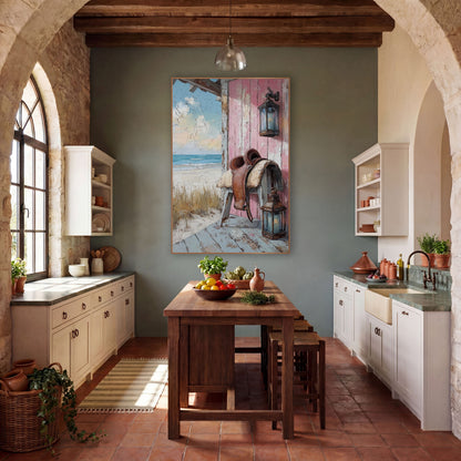Pink Porch Saddle Seaside Western wall art in a rustic western-style room – brown leather saddle and two glass