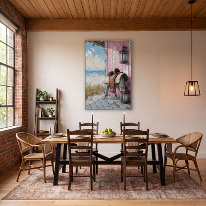 Pink Porch Saddle Seaside Western wall art in a rustic western-style room – brown leather saddle and two glass