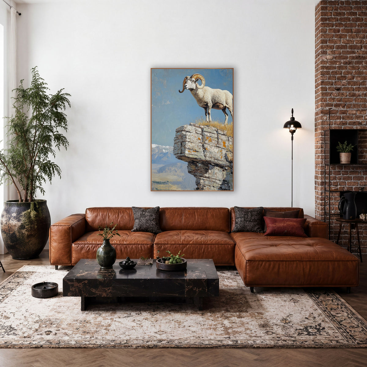 Bighorn Sheep Cliff Western wall art in a rustic western-style room – white bighorn sheep with curled golden horns