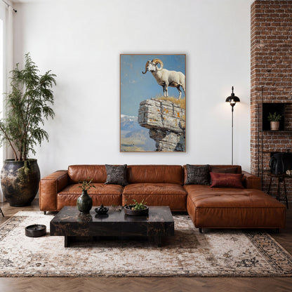 Bighorn Sheep Cliff Western wall art in a rustic western-style room – white bighorn sheep with curled golden horns