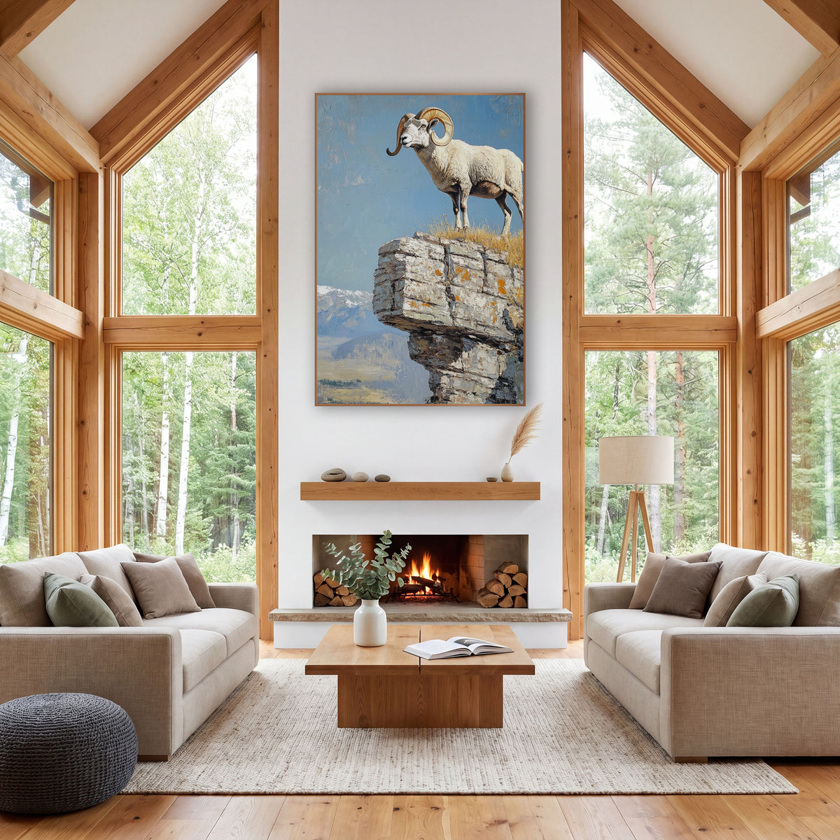 Bighorn Sheep Cliff Western wall art in a rustic western-style room – white bighorn sheep with curled golden horns