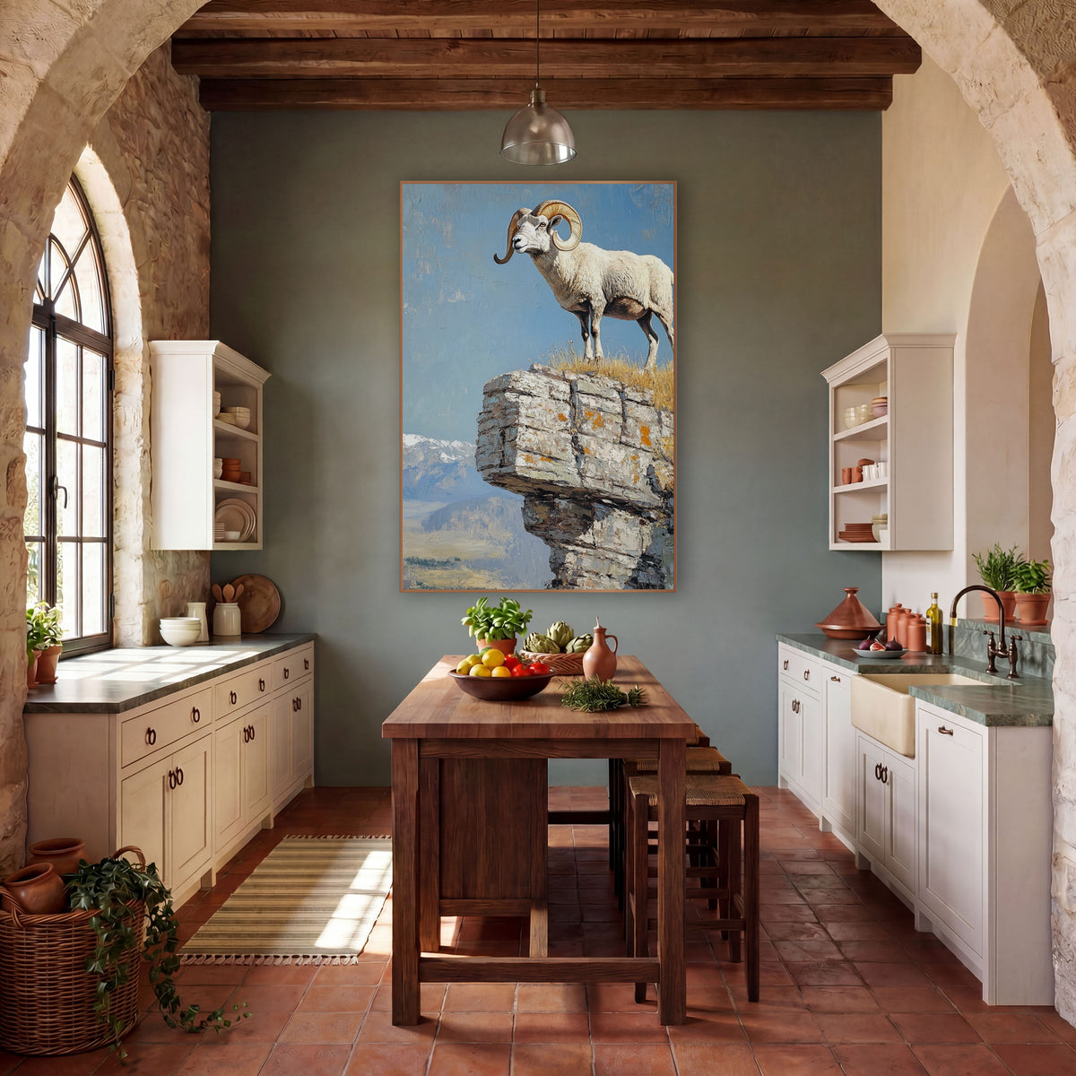 Bighorn Sheep Cliff Western wall art in a rustic western-style room – white bighorn sheep with curled golden horns
