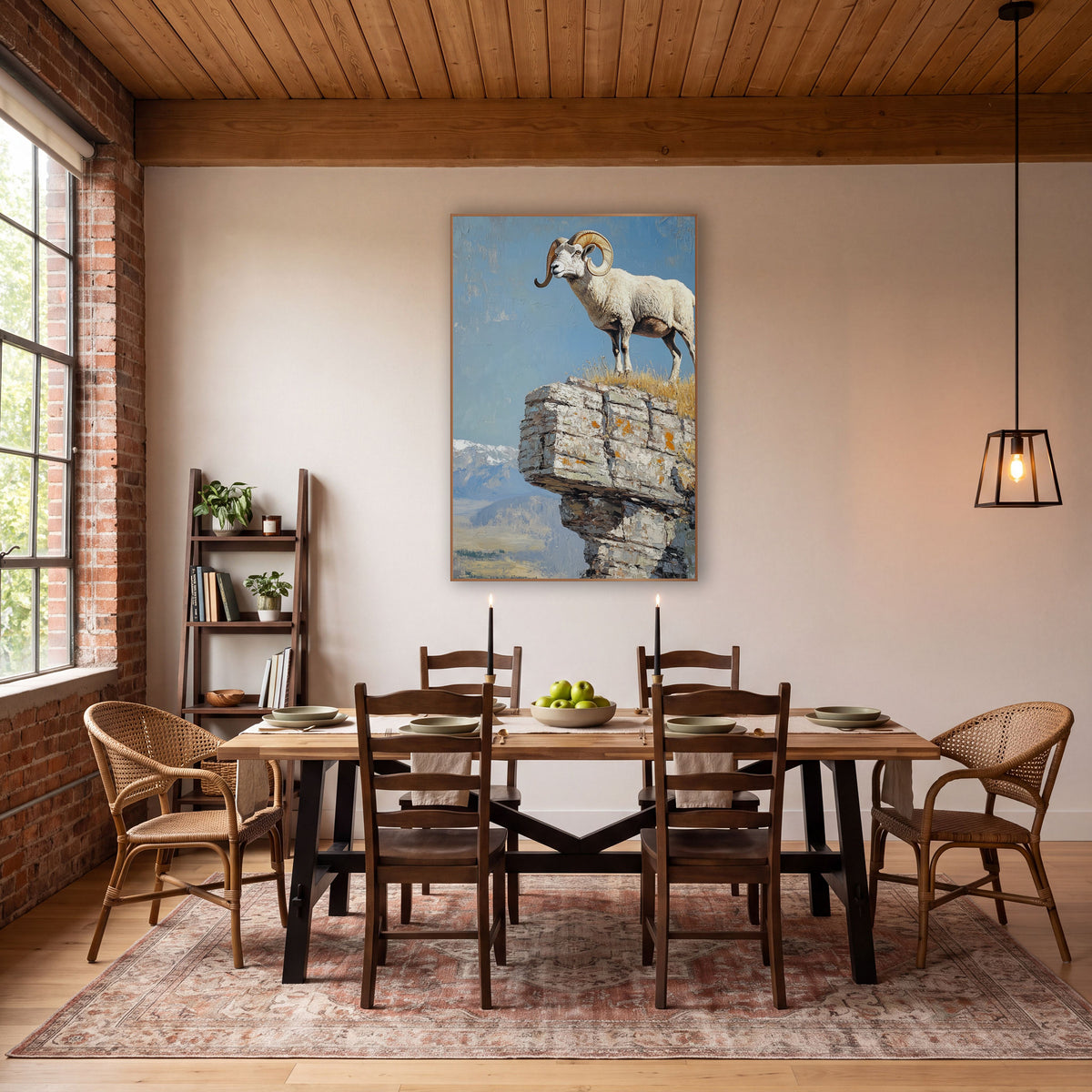 Bighorn Sheep Cliff Western wall art in a rustic western-style room – white bighorn sheep with curled golden horns