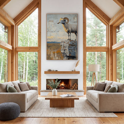 Bighorn Ram Rocky Ledge Western wall art in a rustic western-style room – bighorn ram with curled horns standing