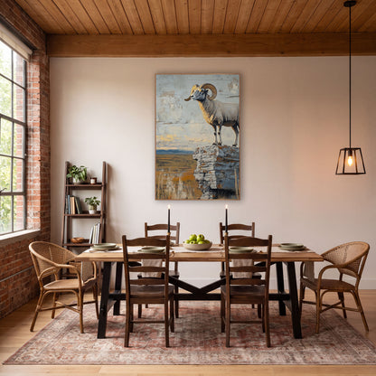 Bighorn Ram Rocky Ledge Western wall art in a rustic western-style room – bighorn ram with curled horns standing