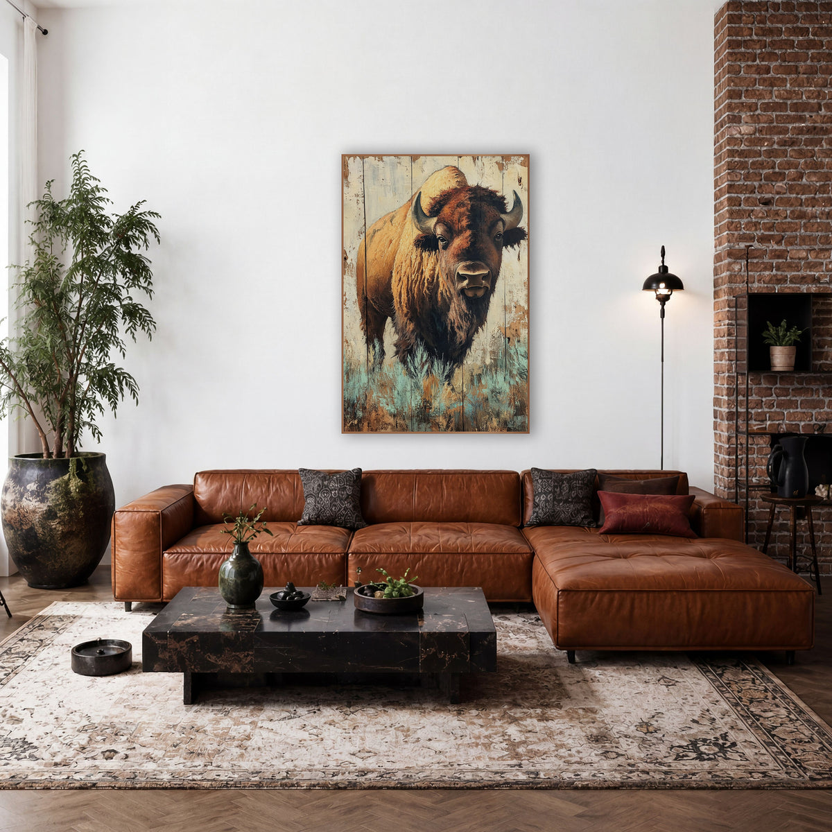 Bison Teal Sagebrush Rustic Portrait wall art in a rustic western-style room – bison with curved horns and shaggy