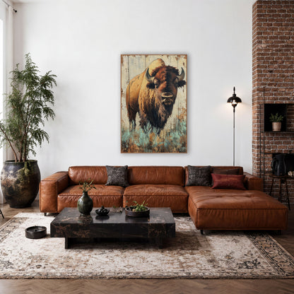 Bison Teal Sagebrush Rustic Portrait wall art in a rustic western-style room – bison with curved horns and shaggy