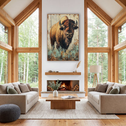 Bison Teal Sagebrush Rustic Portrait wall art in a rustic western-style room – bison with curved horns and shaggy