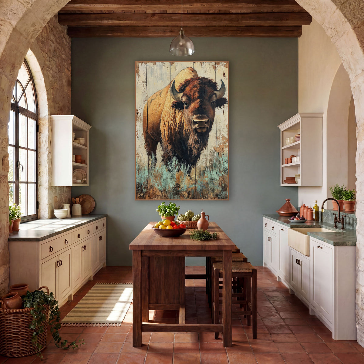 Bison Teal Sagebrush Rustic Portrait wall art in a rustic western-style room – bison with curved horns and shaggy