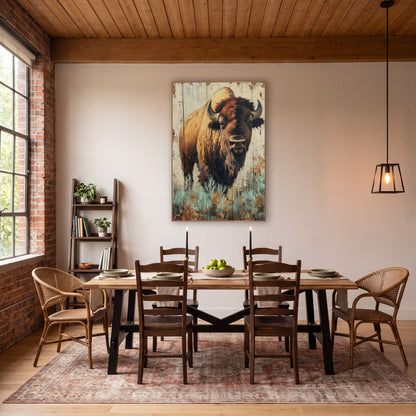 Bison Teal Sagebrush Rustic Portrait wall art in a rustic western-style room – bison with curved horns and shaggy