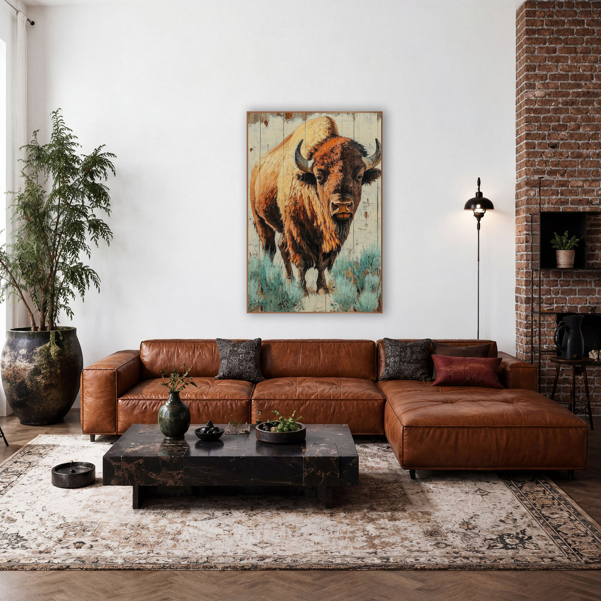 Bison Rust Orange Planks Western wall art in a rustic western-style room – bison facing forward with curved horns