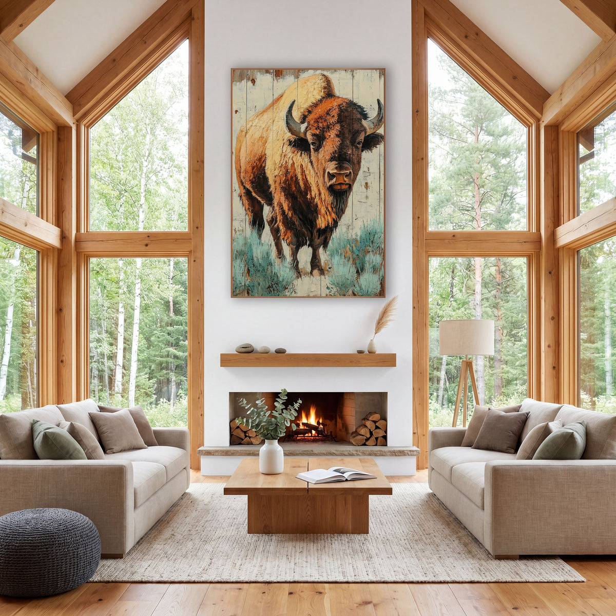 Bison Rust Orange Planks Western wall art in a rustic western-style room – bison facing forward with curved horns