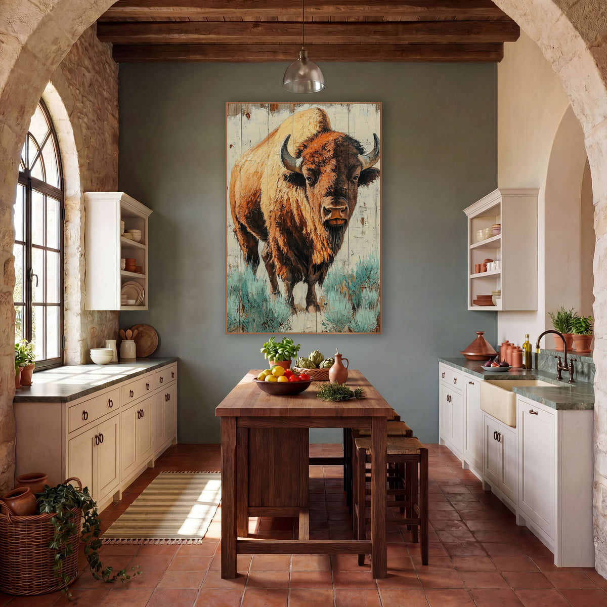 Bison Rust Orange Planks Western wall art in a rustic western-style room – bison facing forward with curved horns