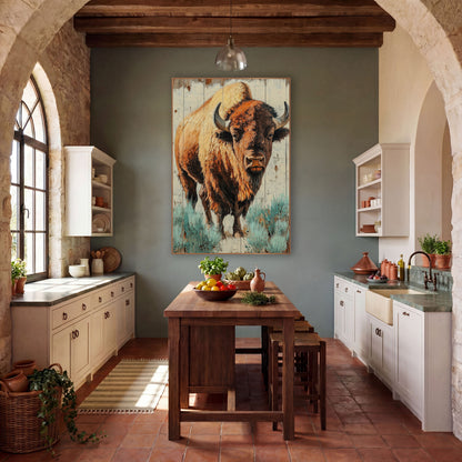 Bison Rust Orange Planks Western wall art in a rustic western-style room – bison facing forward with curved horns