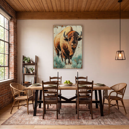 Bison Rust Orange Planks Western wall art in a rustic western-style room – bison facing forward with curved horns