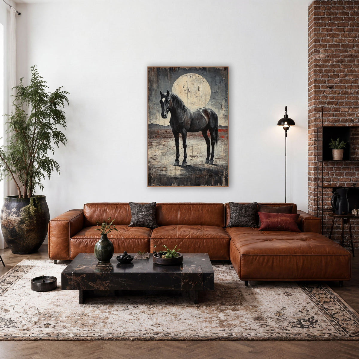 Black Horse Full Moon Western wall art in a rustic western-style room – black horse with white blaze standing before
