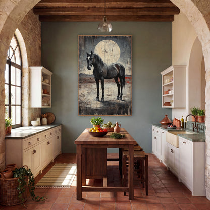 Black Horse Full Moon Western wall art in a rustic western-style room – black horse with white blaze standing before