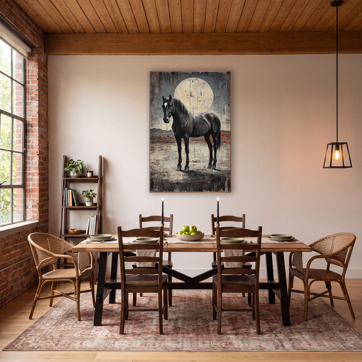 Black Horse Full Moon Western wall art in a rustic western-style room – black horse with white blaze standing before