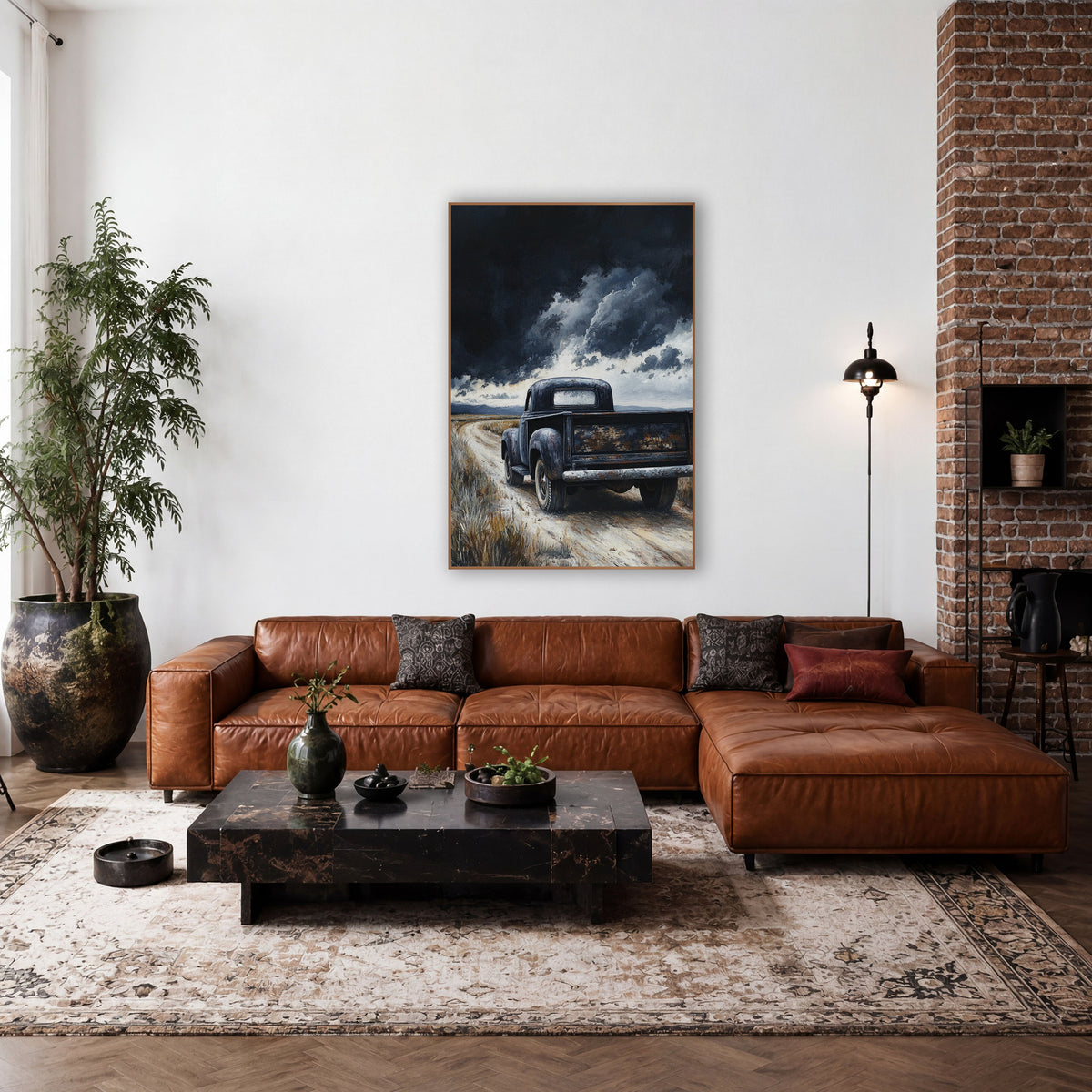 Black Vintage Pickup Storm Landscape wall art in a rustic western-style room – black vintage pickup truck on a pale