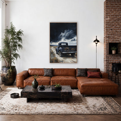 Black Vintage Pickup Storm Landscape wall art in a rustic western-style room – black vintage pickup truck on a pale